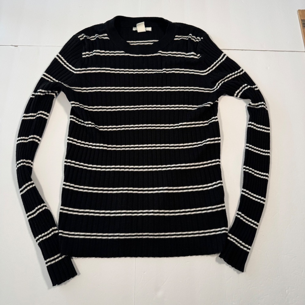 HM Basics Ribbed Knit Striped Sweater Black White Crew Neck Long Sleeve Medium